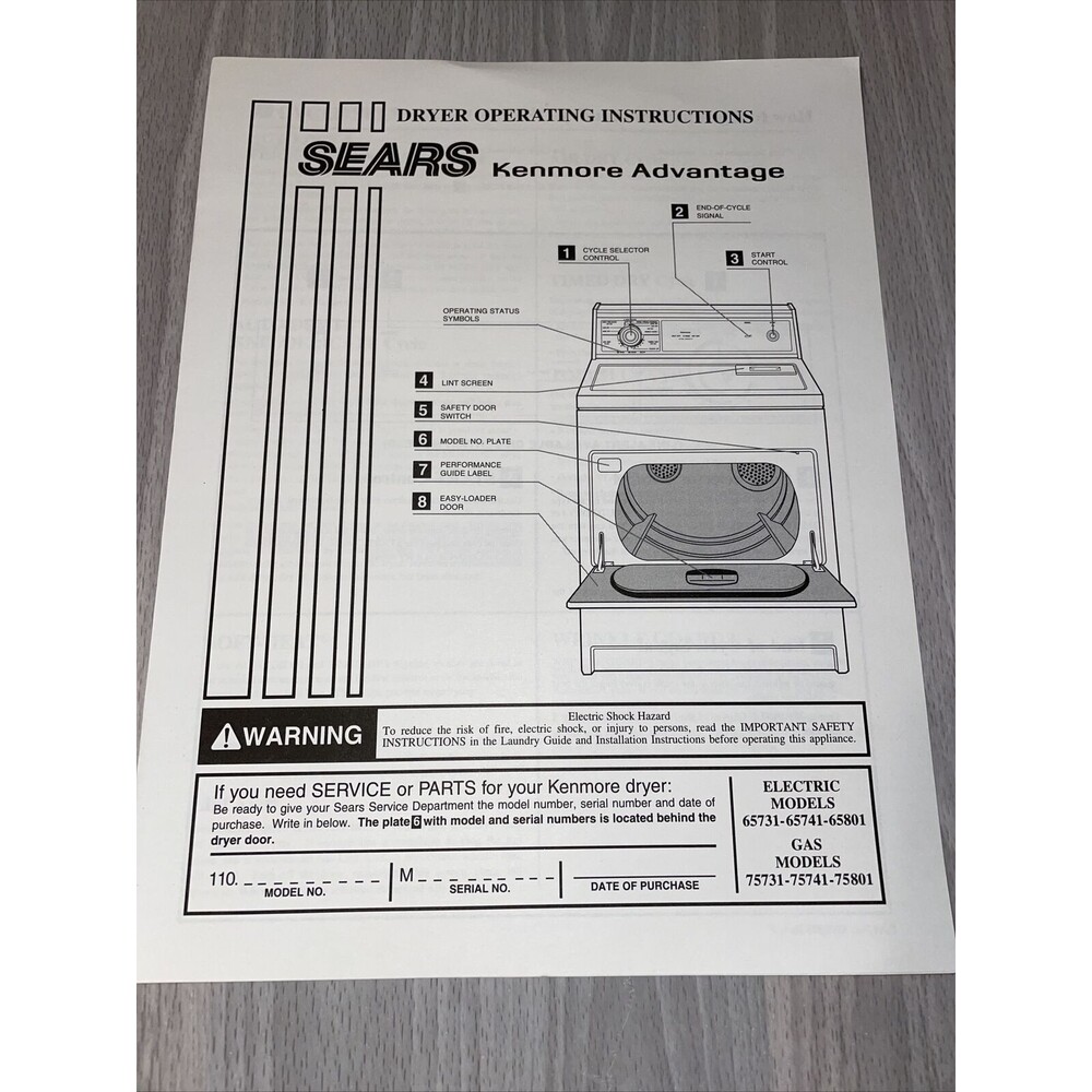 Owners Manual Kenmore Advantage Dryer Models 65731 65741 65801 75731 75741 75801